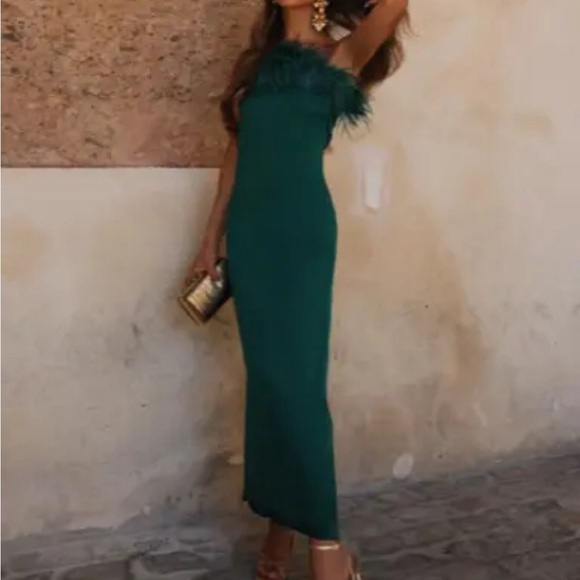 ZARA WOMAN MIDI FITTED SATIN DRESS WITH FEATHERS BOTTLE GREEN 7844/934 NWT - Picture 6 of 10